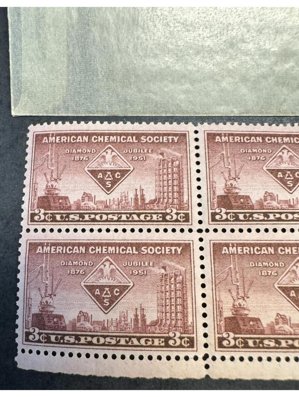 1951 American Chemical Society Plate Block of 4 3c Stamps - MNH OG 24474 Sc#1002